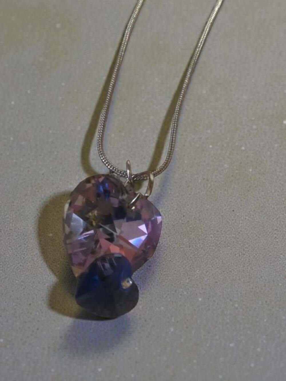 Double Crystal Heart Pendant Silver Tone Snake Chain Necklace